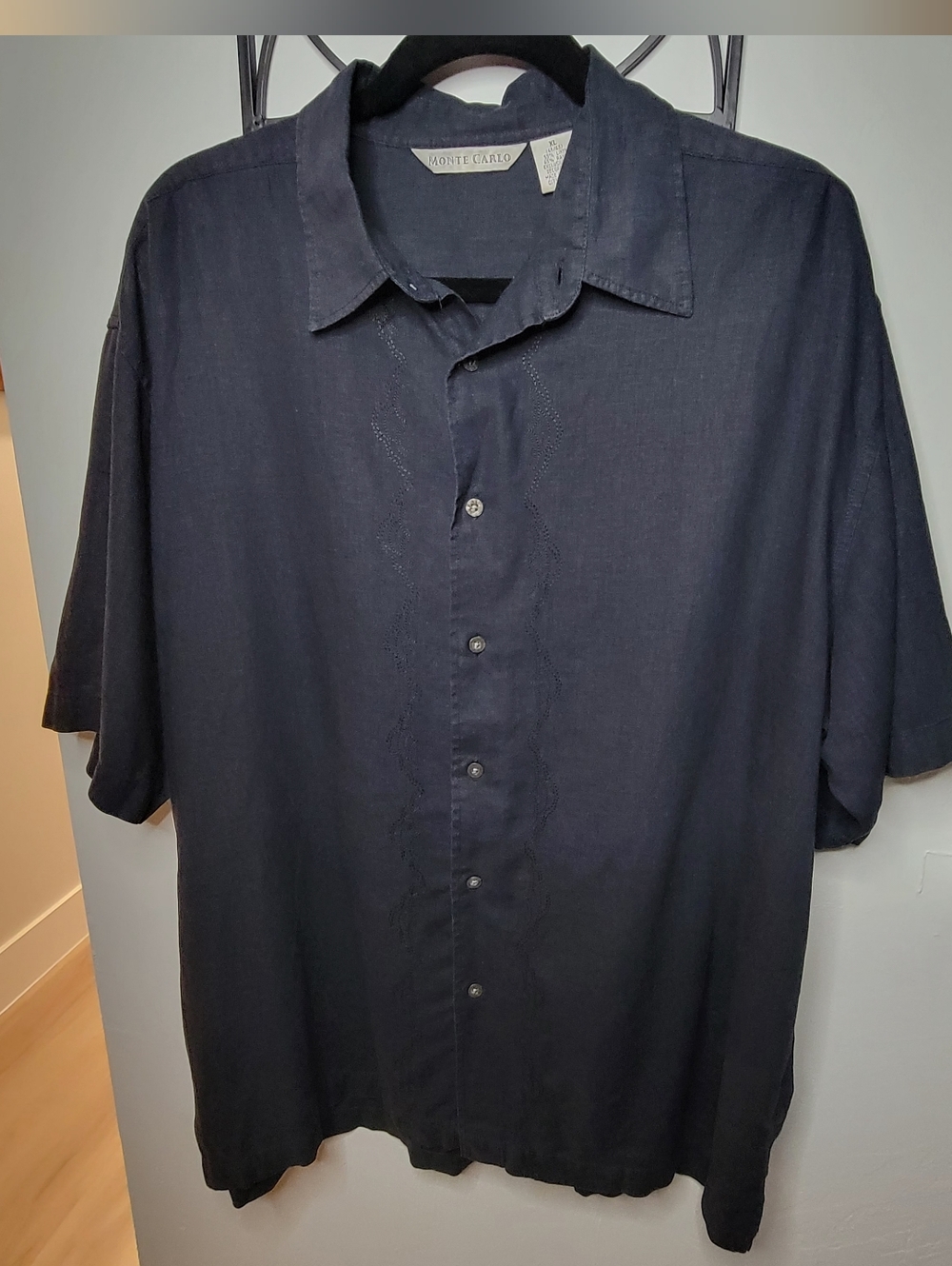 Vtg 90s Monte Carlo Navy Blue Mens Camp Resort Casual Beach Linen Shirt Size XL
